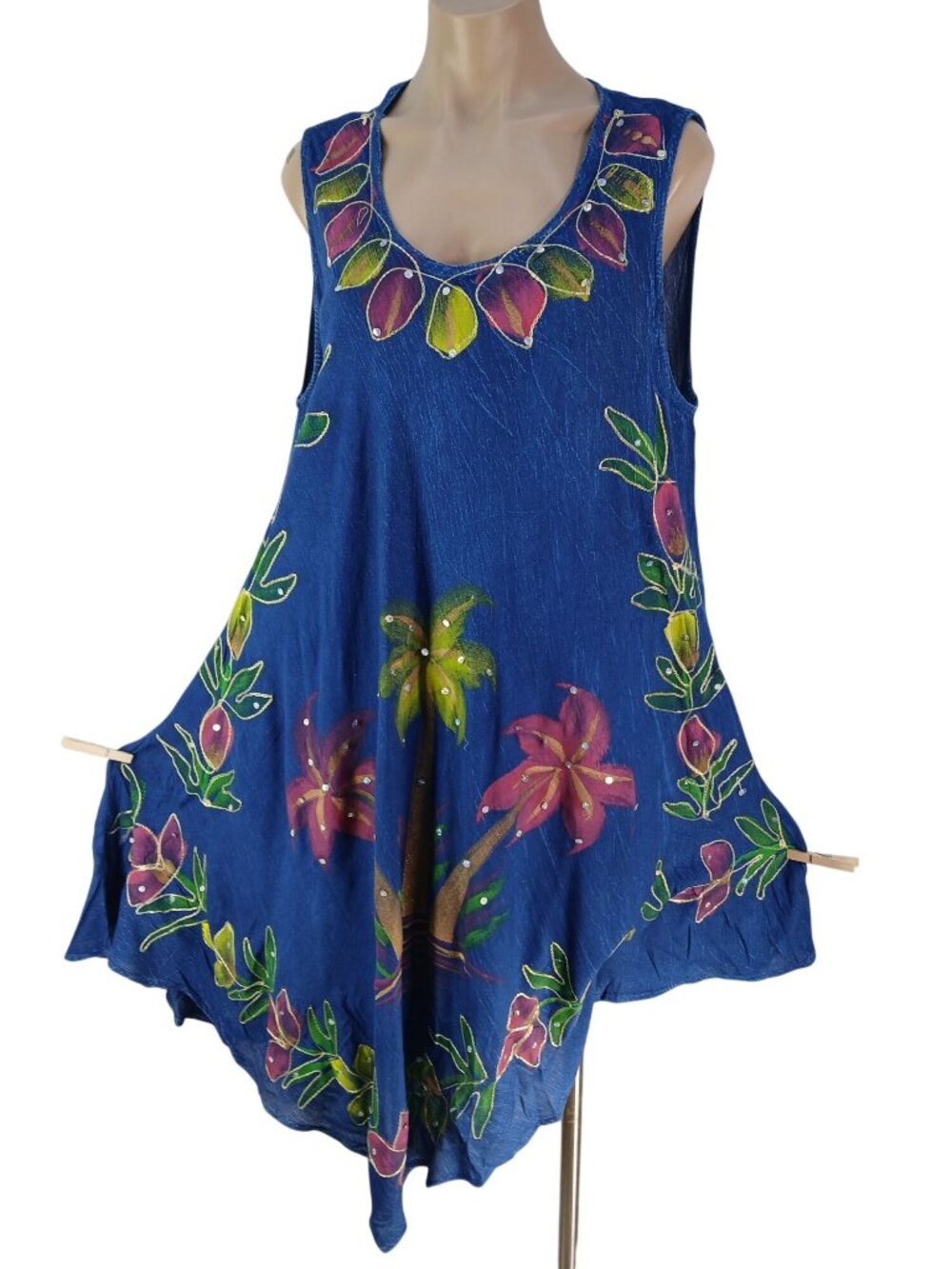 Riviera Sun Blue Hand Painted Floral Sleeveless Dress Size 2X Sequins Beachy - Picture 10 of 11